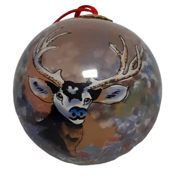 Christmas Glass Ball Ornament Elk Deer Woodland Animal Painted 3" Multi-Color